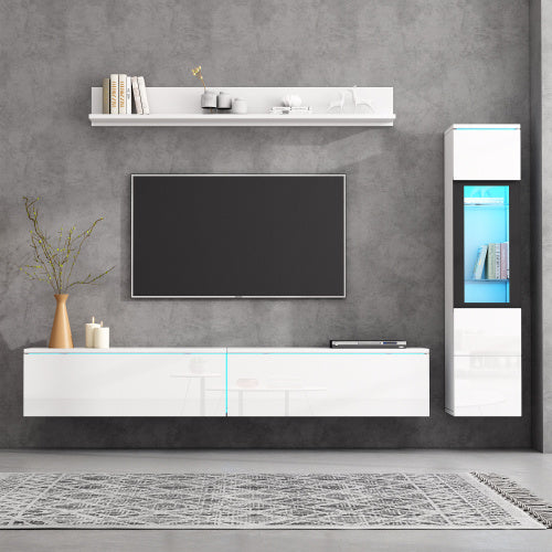 Set Of 3 TV Wall Unit, LED TV Stand, High Gloss TV Cabinet, White Living Room Furniture Sets Frontal Wall Unit, 1 X TV Cabinet, 1 X Living Room Display Cabinet, 1 X Hanging Shelf