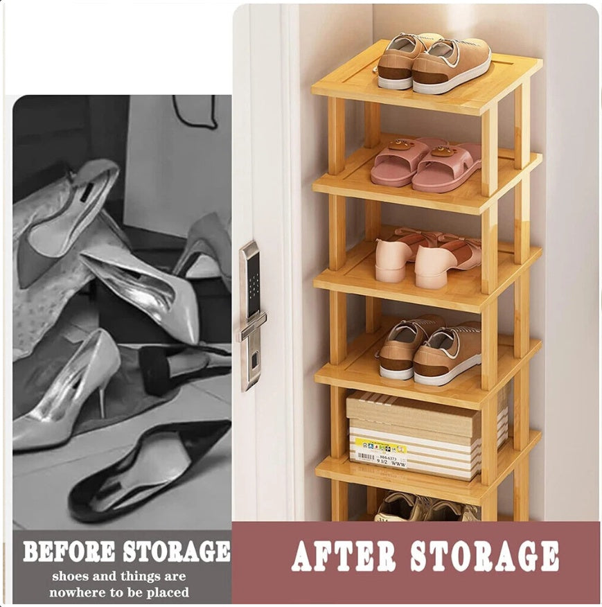 6-Tier Bamboo Shoe Rack - Vertical Space Saving Shoe Organizer Corner Shelf UK