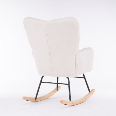 Mid Century Modern Teddy Fabric Tufted Upholstered Rocking Chair Padded Seat For Living Room Bedroom,Ivory White