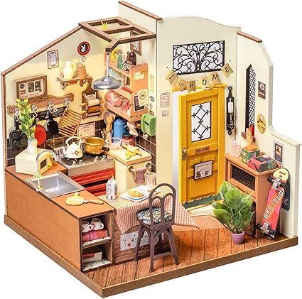 ROBOTIME Rolife Happy Kitchen Dollhouse Minature House DIY Wooden Puzzle With LED Light DG159