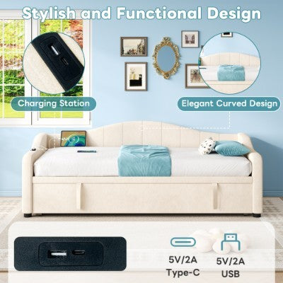 Upholstered Bed 90x190cm, Daybed, Sofa Bed With Charging Station, 3ft Single Velvet Bed With USB And Type - C Ports, Pull Out Trundle Bed For Living Room Bedroom Study Room, Beige No Mattress