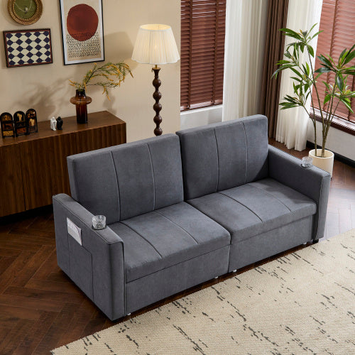 207cm King Size Independent Pull Out Sofa Bed, Convertible Fabric Sofa Chair With Cup Holders, Side Pockets, Fabric Loveseat Couch Chaise Lounge For Living Room, Apartment