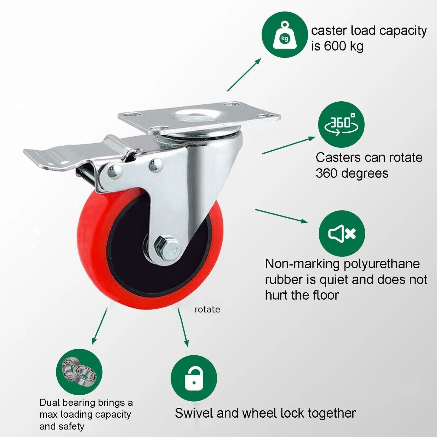 2PCS Double Bearing 700KG Rubber Swivel Brake Castor Wheel Trolley Caster