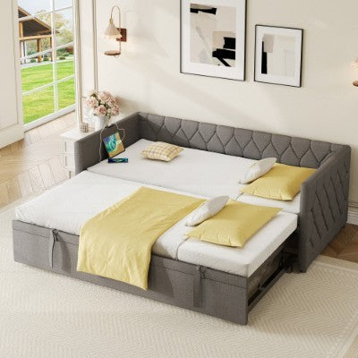 Upholstered Daybed, Sofa Bed With Charging Station, 3ft Single Button-tufted Bed With USB And Type - C Ports, Pull Out Trundle Bed For Living Room Bedroom Study Room, Linen, Grey No Mattress