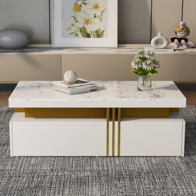 Modern White Rectangular Coffee Table With Marble Pattern Triamine Board Top And 2 Wooden Drawers, Living Room Table, 100x50x40cm