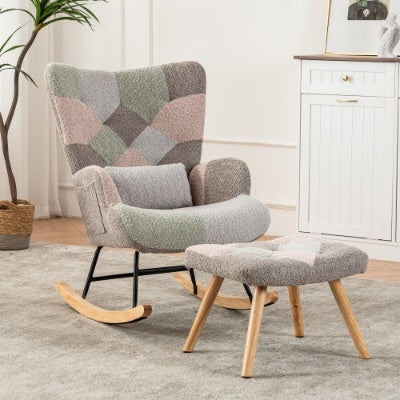 Rocking Chair, Fabric Relaxing Chair Wingback Accent Chair With Solid Wood Legs, Accent Armchair With Ottoman Single Sofa, Chair With Footstool And Pillow For Home Living Room Bedroom, Multicolour