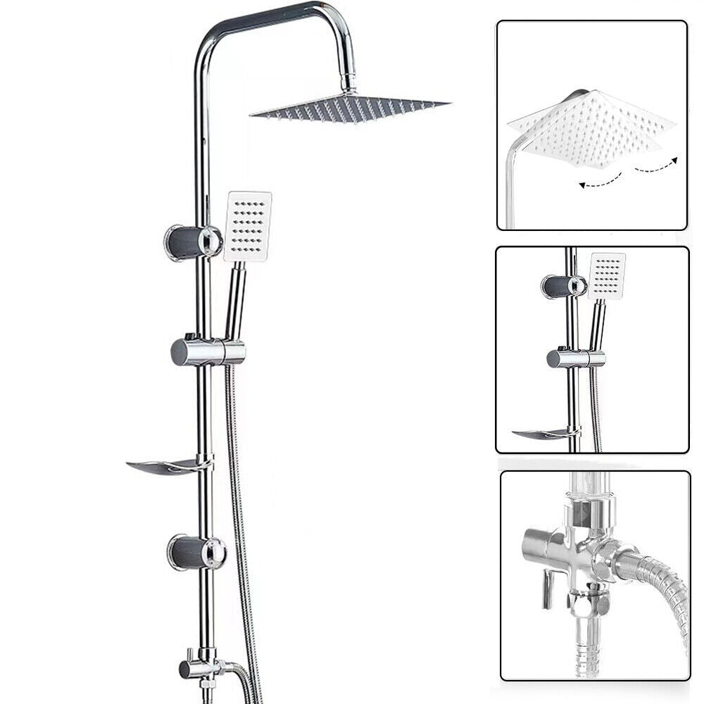 Stainless Steel Dual 2 Mixer Shower Heads Rainfall Rail Hose Riser Kit Valve Set