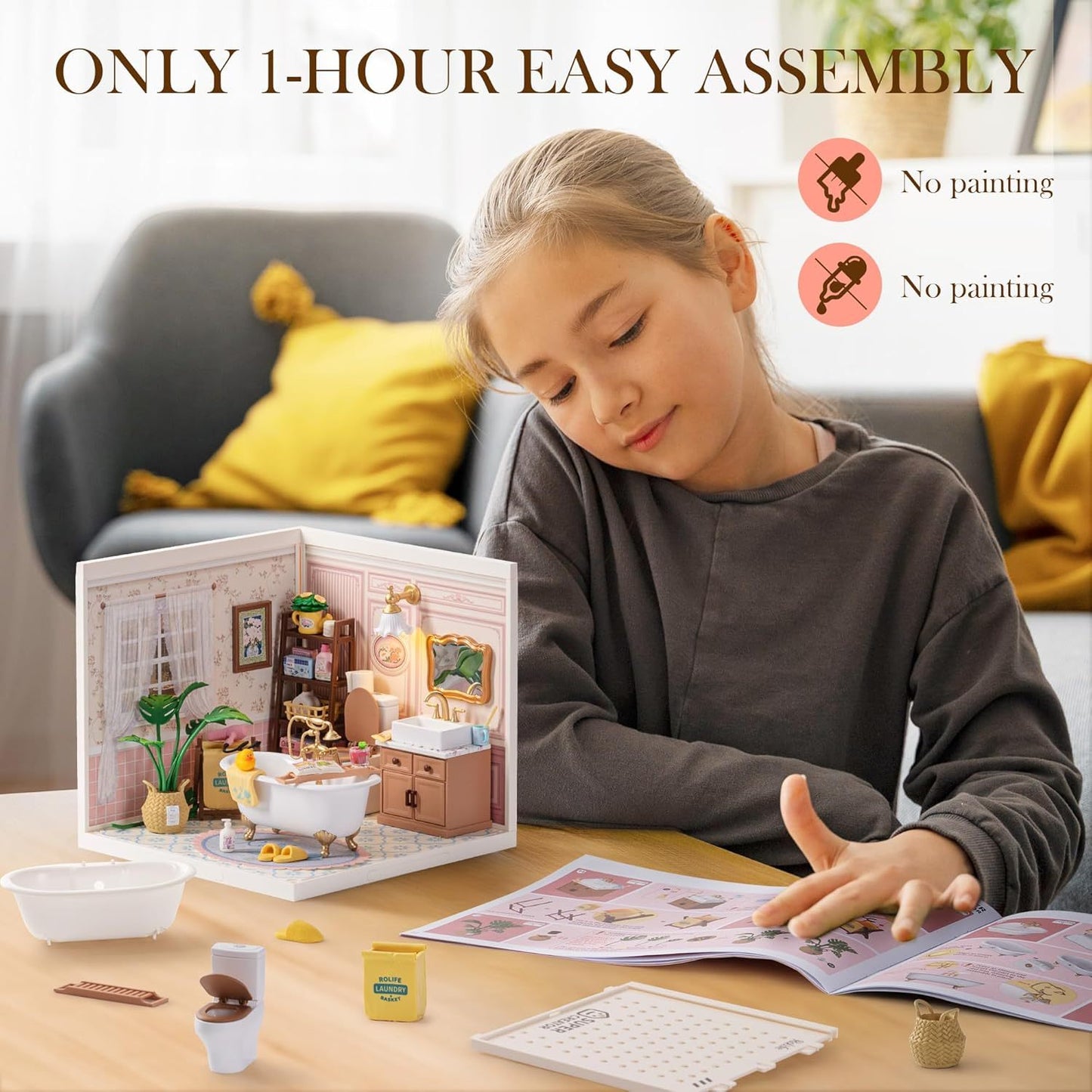 ROBOTIME DIY Miniature House Kit Dollhouse Model Building Craft Kit Birthday Creative Gifts For Adults Kids Girls Boys Pop-Bubble Bathroom