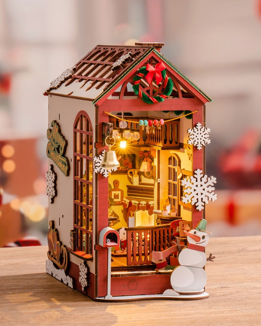 ROBOTIME DIY Christmas Dollhouse Wood Kit Book Nook BookShelf Decoration Gift, LED Lights