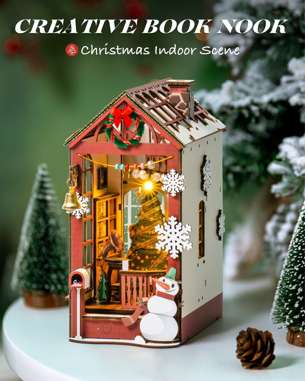 ROBOTIME DIY Christmas Dollhouse Wood Kit Book Nook BookShelf Decoration Gift, LED Lights
