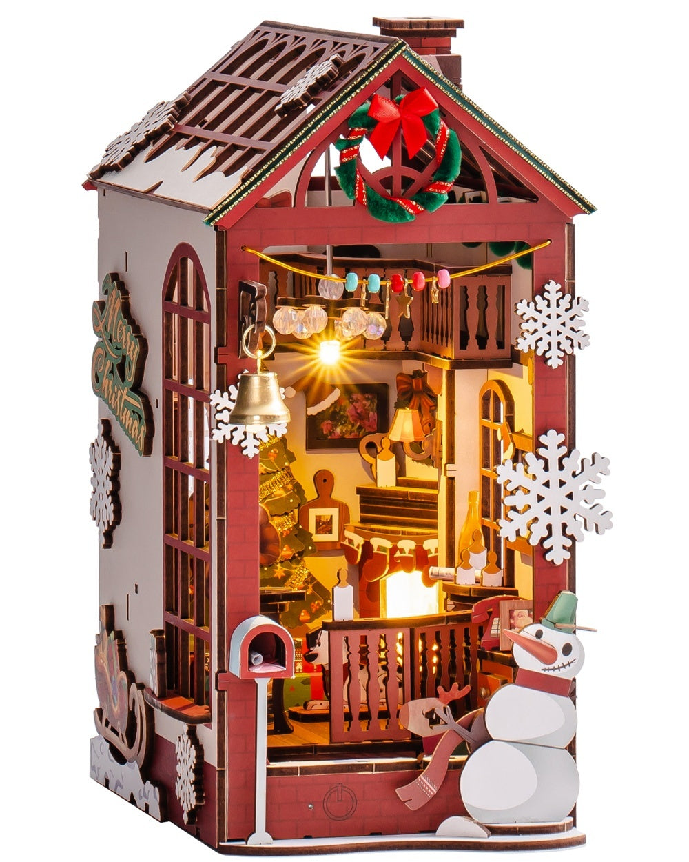 ROBOTIME DIY Christmas Dollhouse Wood Kit Book Nook BookShelf Decoration Gift, LED Lights