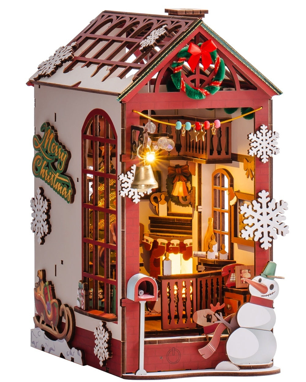 ROBOTIME DIY Christmas Dollhouse Wood Kit Book Nook BookShelf Decoration Gift, LED Lights