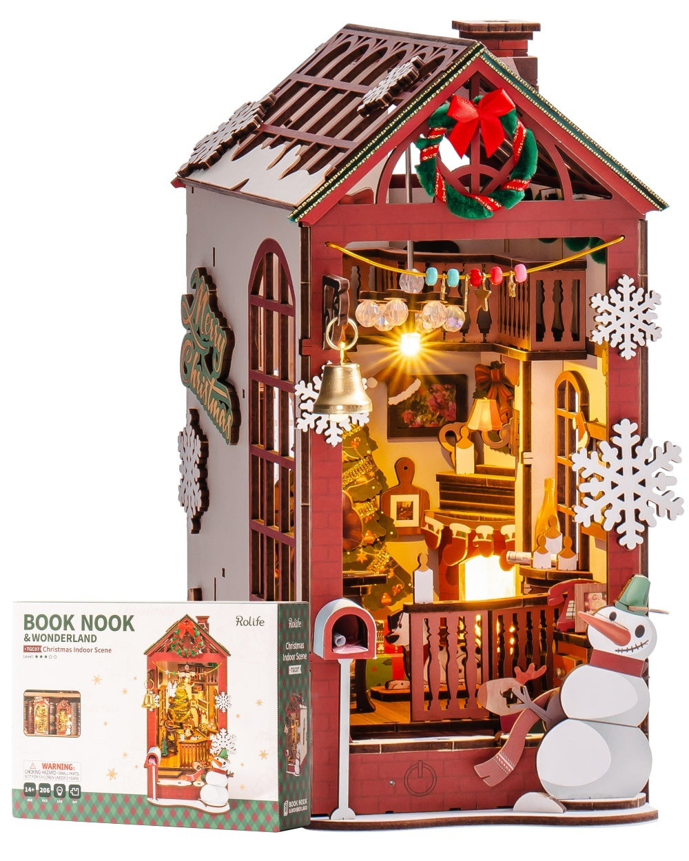 ROBOTIME DIY Christmas Dollhouse Wood Kit Book Nook BookShelf Decoration Gift, LED Lights