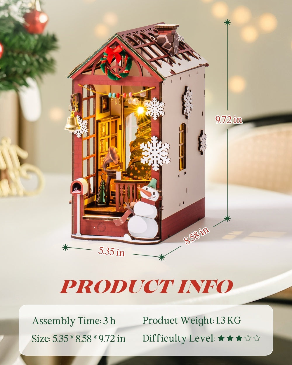 ROBOTIME DIY Christmas Dollhouse Wood Kit Book Nook BookShelf Decoration Gift, LED Lights