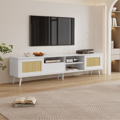 200 Cm Long TV Stand Made Of Oak Rattan For 90-inch TV - Cable Management, 2 Doors, 1 Drawer & 3 Open Storage Space, TV Stand, TV Base Cabinet, Living Room Base Cabinet, TV Lowboard
