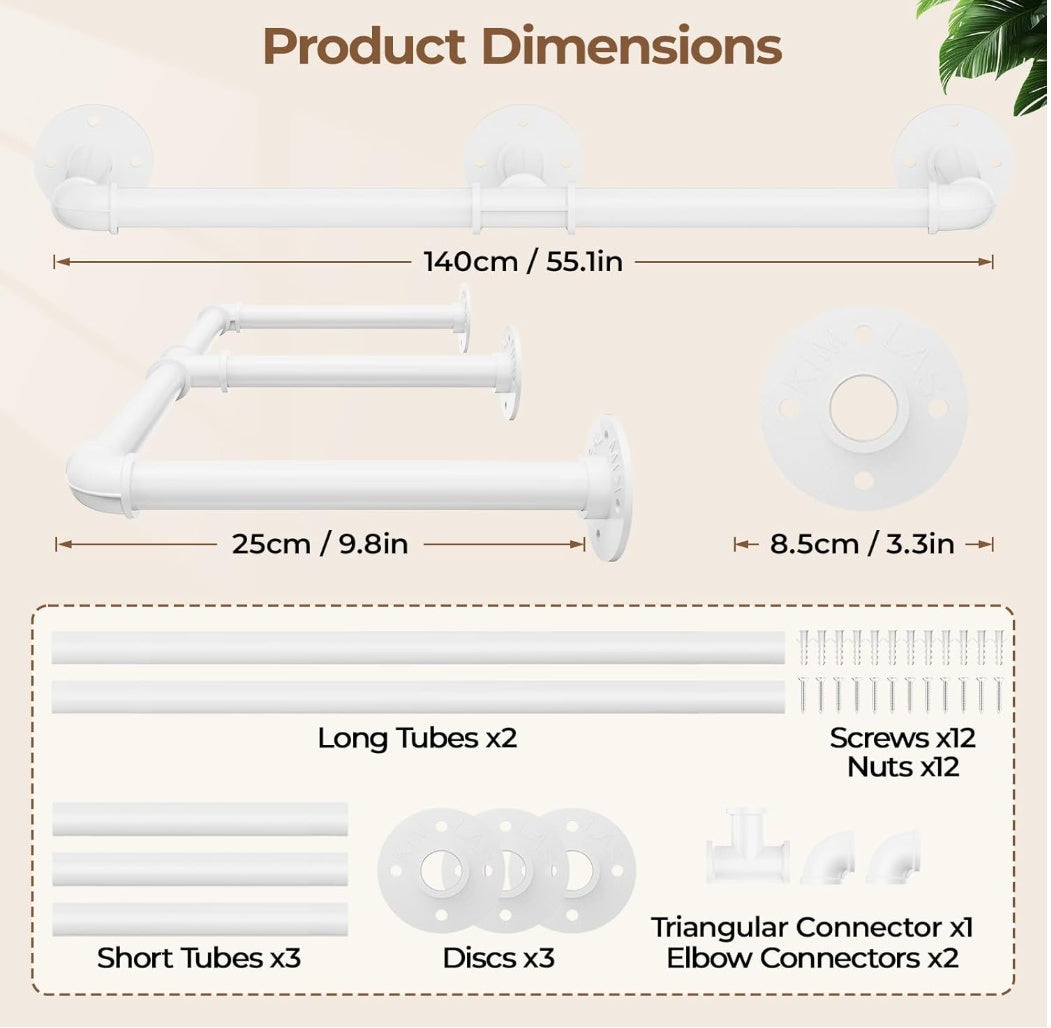 Tienily Industrial Pipe Clothes Rack, Metal Hanging Rails For Clothes, 80cm Clothes Rail Wall Mounted For Bedroom Storage
