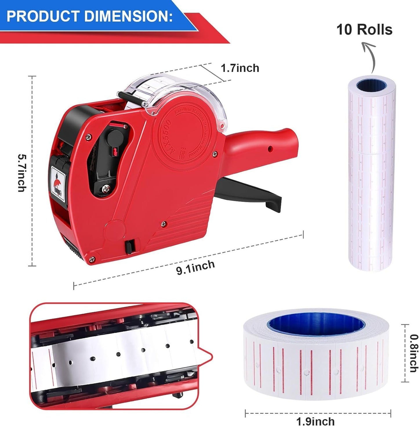 Pricing Tag Gun Red Price Label -11 Label Rolls Stickers-Spare Ink Supermarket