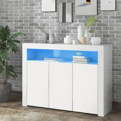 High Gloss White Sideboard Display Cabinet With LED Lights, Modern 3-Door Wood Buffet Cupboard Storage Unit With Remote Control For Kitchen Living Room Dining Room Hallway