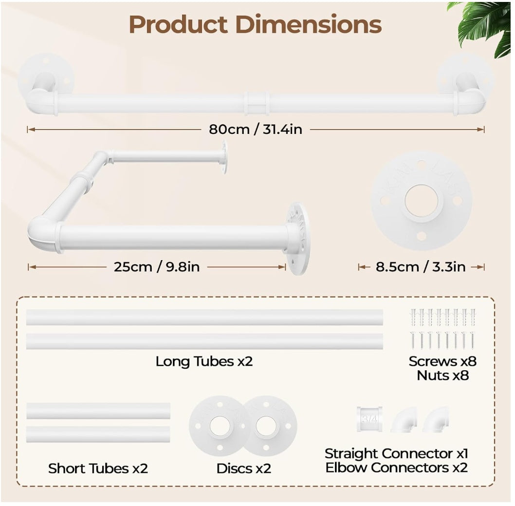 Tienily Industrial Pipe Clothes Rack, Metal Hanging Rails For Clothes, 80cm Clothes Rail Wall Mounted For Bedroom Storage