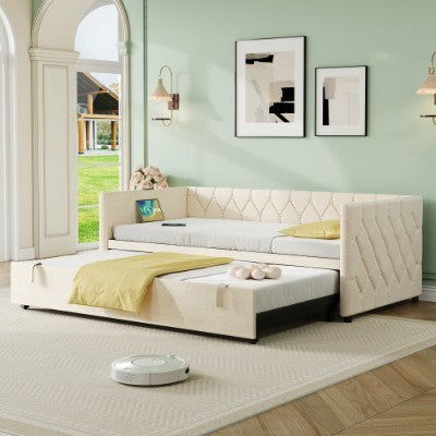 Upholstered Daybed, Sofa Bed With Charging Station, 3ft Single Button-tufted Bed With USB And Type - C Ports, Pull Out Trundle Bed For Living Room Bedroom Study Room, Linen, Grey No Mattress