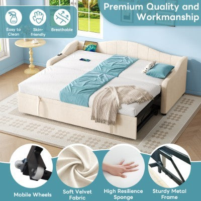 Upholstered Bed 90x190cm, Daybed, Sofa Bed With Charging Station, 3ft Single Velvet Bed With USB And Type - C Ports, Pull Out Trundle Bed For Living Room Bedroom Study Room, Beige No Mattress