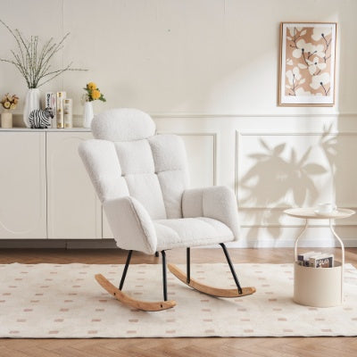 Soft Teddy Fabric Tufted Upholstered Rocking Chair Padded Seat With Headrest For Living Room Bedroom,Ivory White