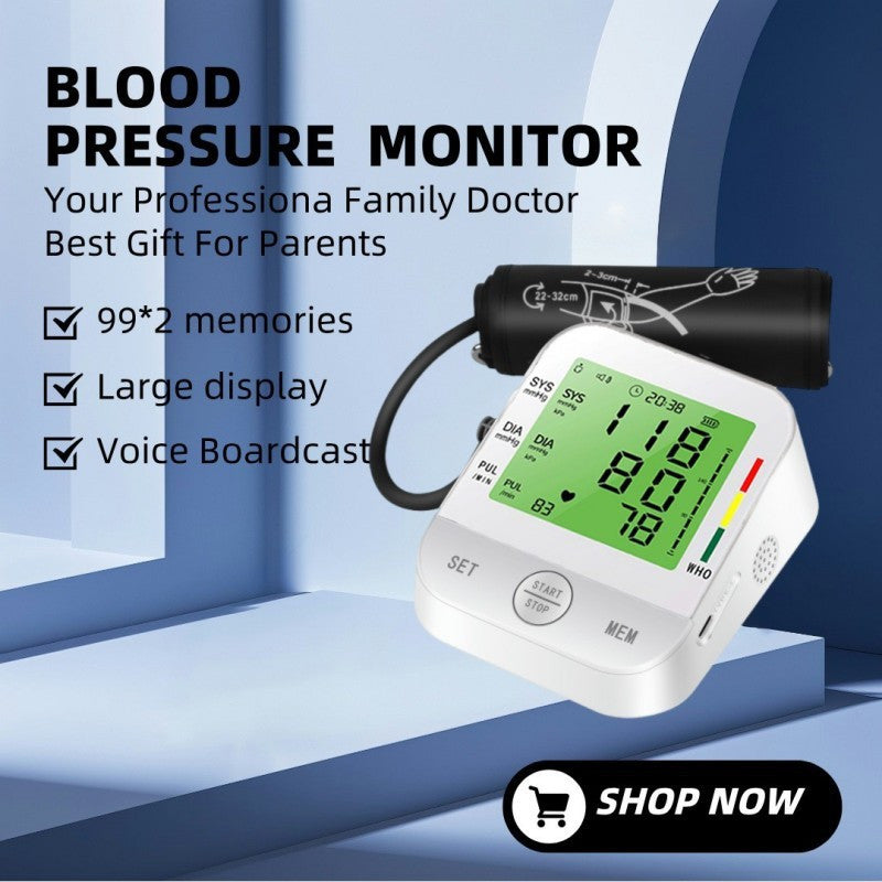Home Arm Blood Pressure Monitor With Large Arm Cuff, Voice Announcement, Three-color Backlight And Large Display