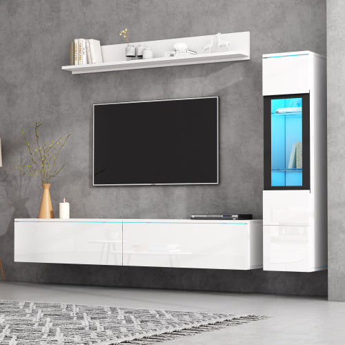 Set Of 3 TV Wall Unit, LED TV Stand, High Gloss TV Cabinet, White Living Room Furniture Sets Frontal Wall Unit, 1 X TV Cabinet, 1 X Living Room Display Cabinet, 1 X Hanging Shelf