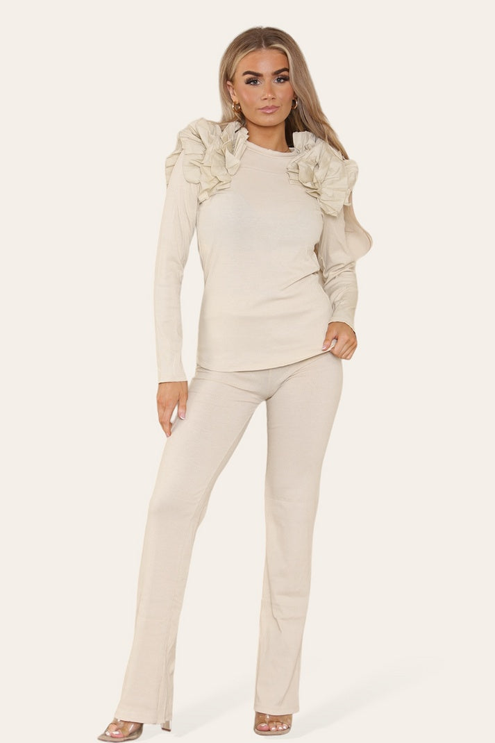 Ruffle Frill Shoulder Ribbed Loungewear Co-Ord Top & Trouser Set