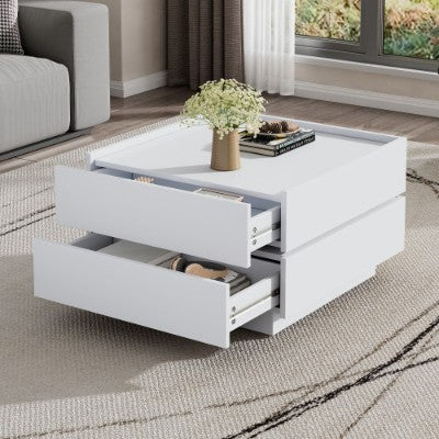 Square 360 Rotating Coffee Table With 2 Drawers, Wooden 2-Tier Center Table With Swivel Tabletop And Storage, Tea Table , WhiteTable Frame Side Table For Living Room