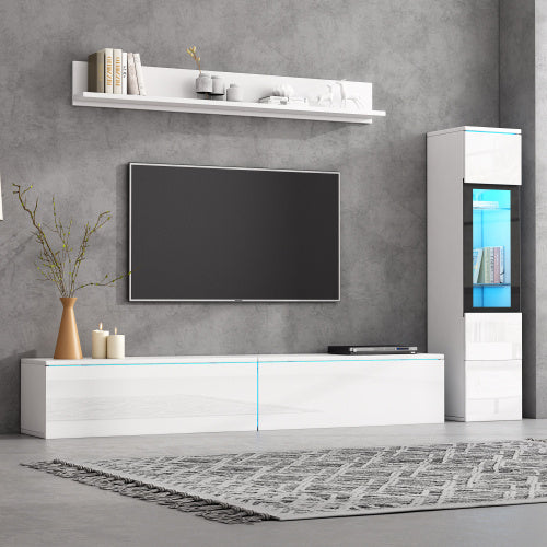 Set Of 3 TV Wall Unit, LED TV Stand, High Gloss TV Cabinet, White Living Room Furniture Sets Frontal Wall Unit, 1 X TV Cabinet, 1 X Living Room Display Cabinet, 1 X Hanging Shelf
