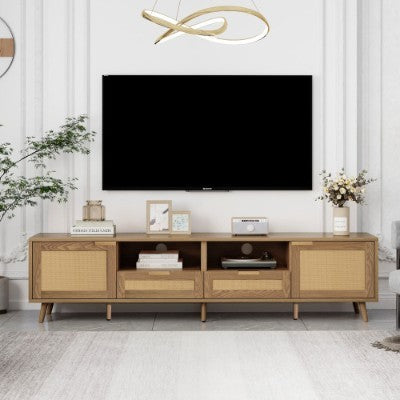TV Console Table, Up To 90 Inches TV, TV Cabinet With Plastic Rattan Design, TV Cabinet With Solid Wooden Feet, Braided Rattan TV Boards