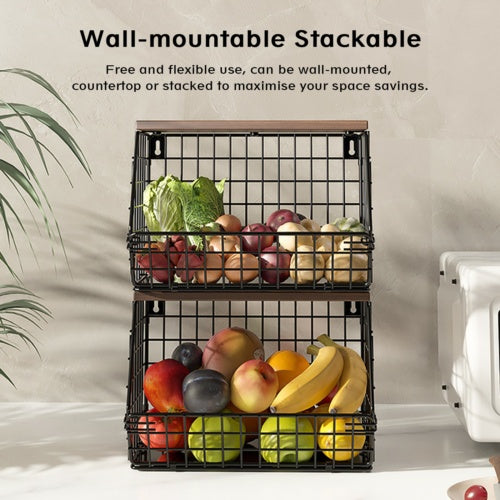 2 Pack Metal Fruit Baskets Wall Holder Storage Basket Organizer Shelf For Fruit