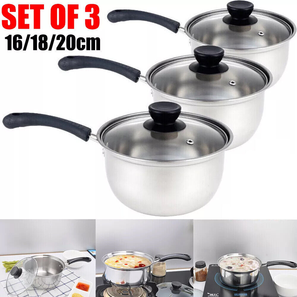 Set Of 3 Induction Non Stick Stainless Steel Cookware Kitchen Glass Lids Pot Pan