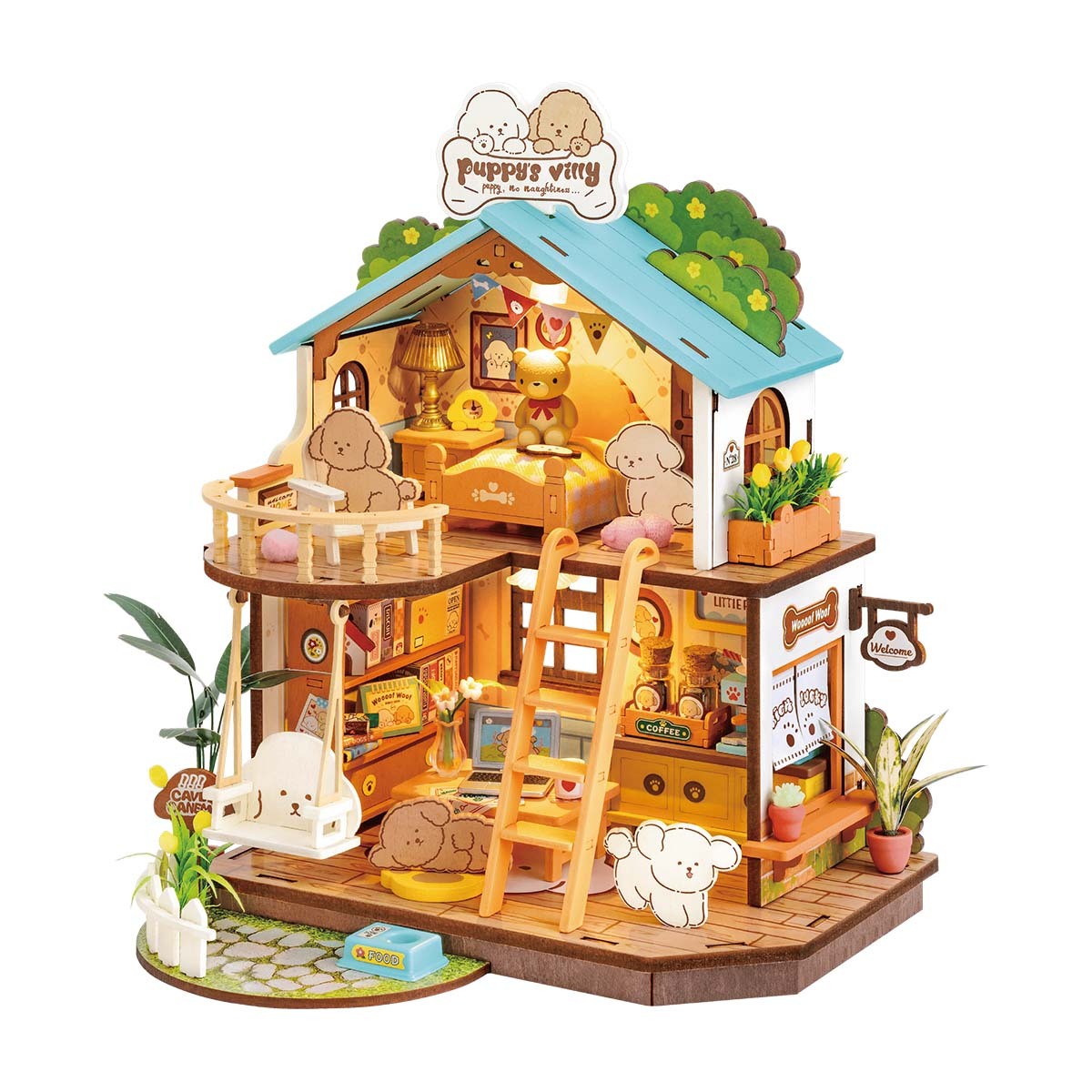 ROBOTIME DIY Miniature Dollhouse Kit - Puppy's Cozy Villa With LED Lights And Furniture, Wooden Model Building Set For Adults And Kids, Creative Gift For Leisure Time