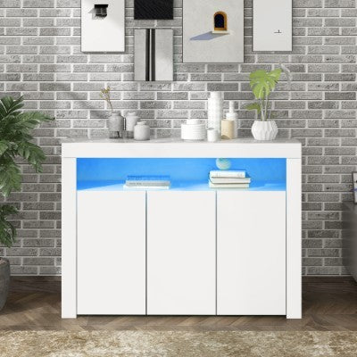 High Gloss White Sideboard Display Cabinet With LED Lights, Modern 3-Door Wood Buffet Cupboard Storage Unit With Remote Control For Kitchen Living Room Dining Room Hallway