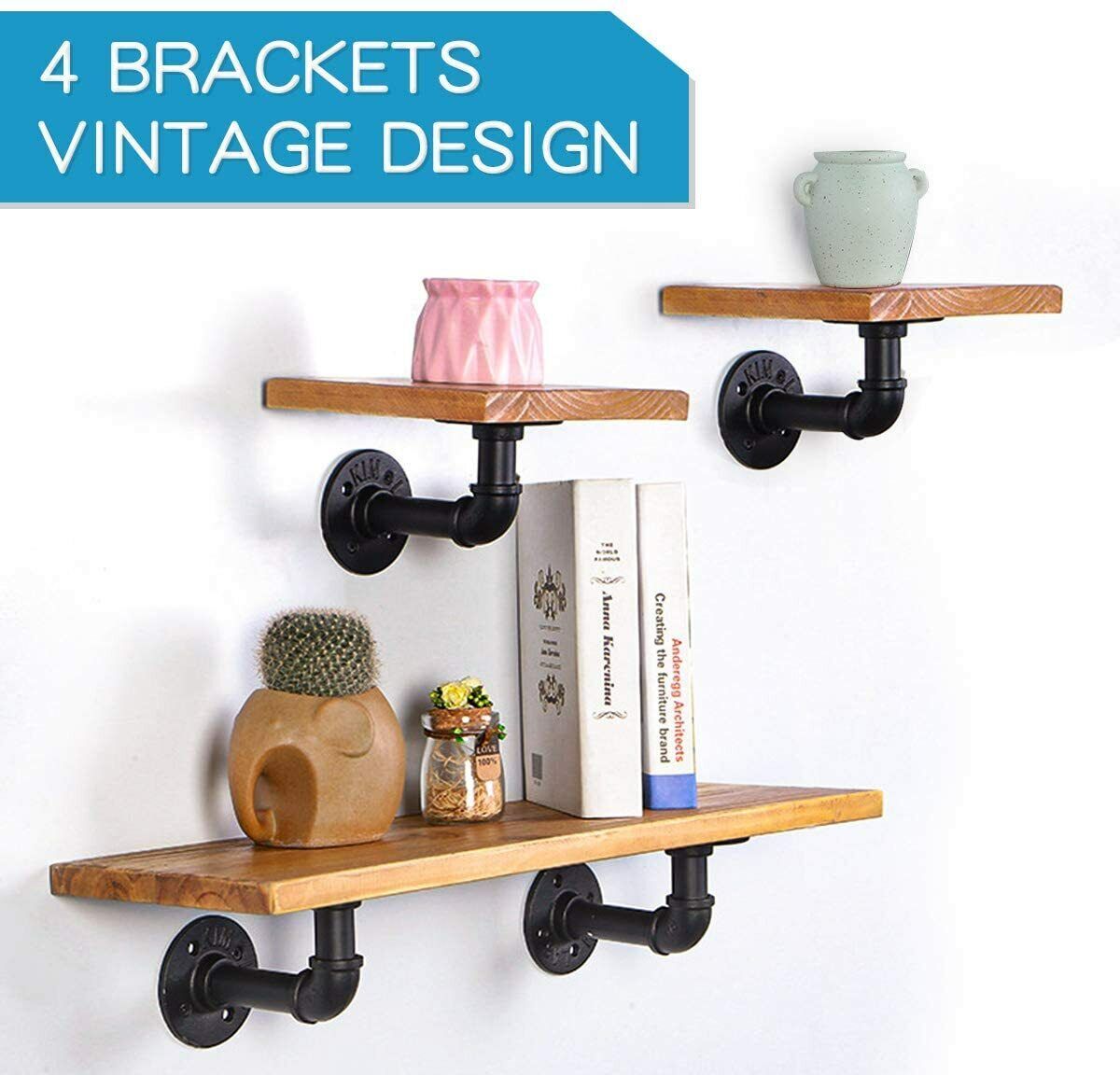 2PCS Pipe Shelf Brackets Industrial Iron Rustic Wall Floating Shelves Storage Unit