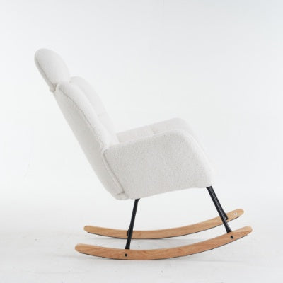 Soft Teddy Fabric Tufted Upholstered Rocking Chair Padded Seat With Headrest For Living Room Bedroom,Ivory White