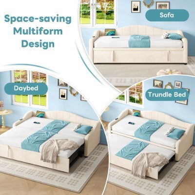 Upholstered Bed 90x190cm, Daybed, Sofa Bed With Charging Station, 3ft Single Velvet Bed With USB And Type - C Ports, Pull Out Trundle Bed For Living Room Bedroom Study Room, Beige No Mattress