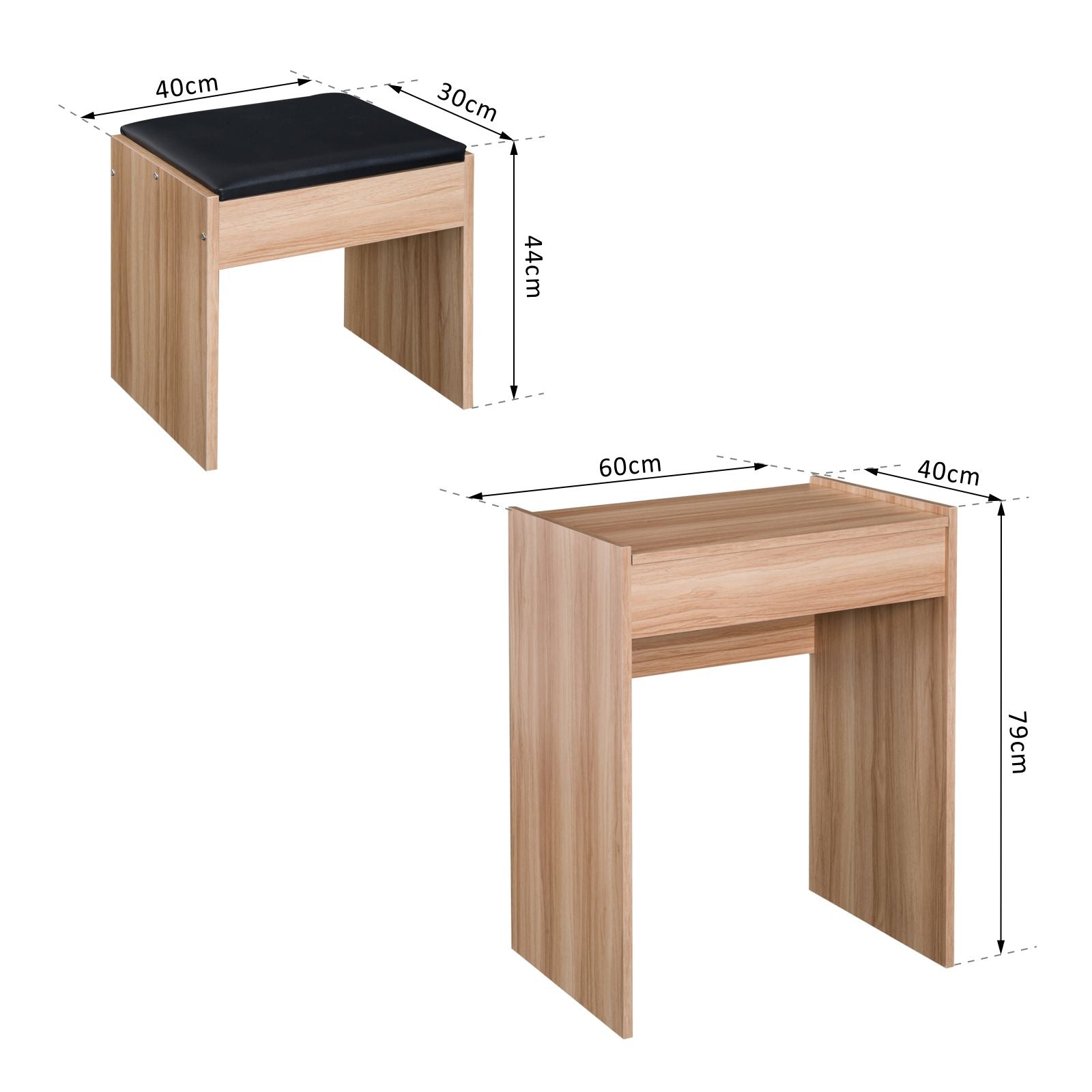Dressing Table Set Padded Stool Dresser with Flip-up Mirror Multi-purpose - Wood Grain-2