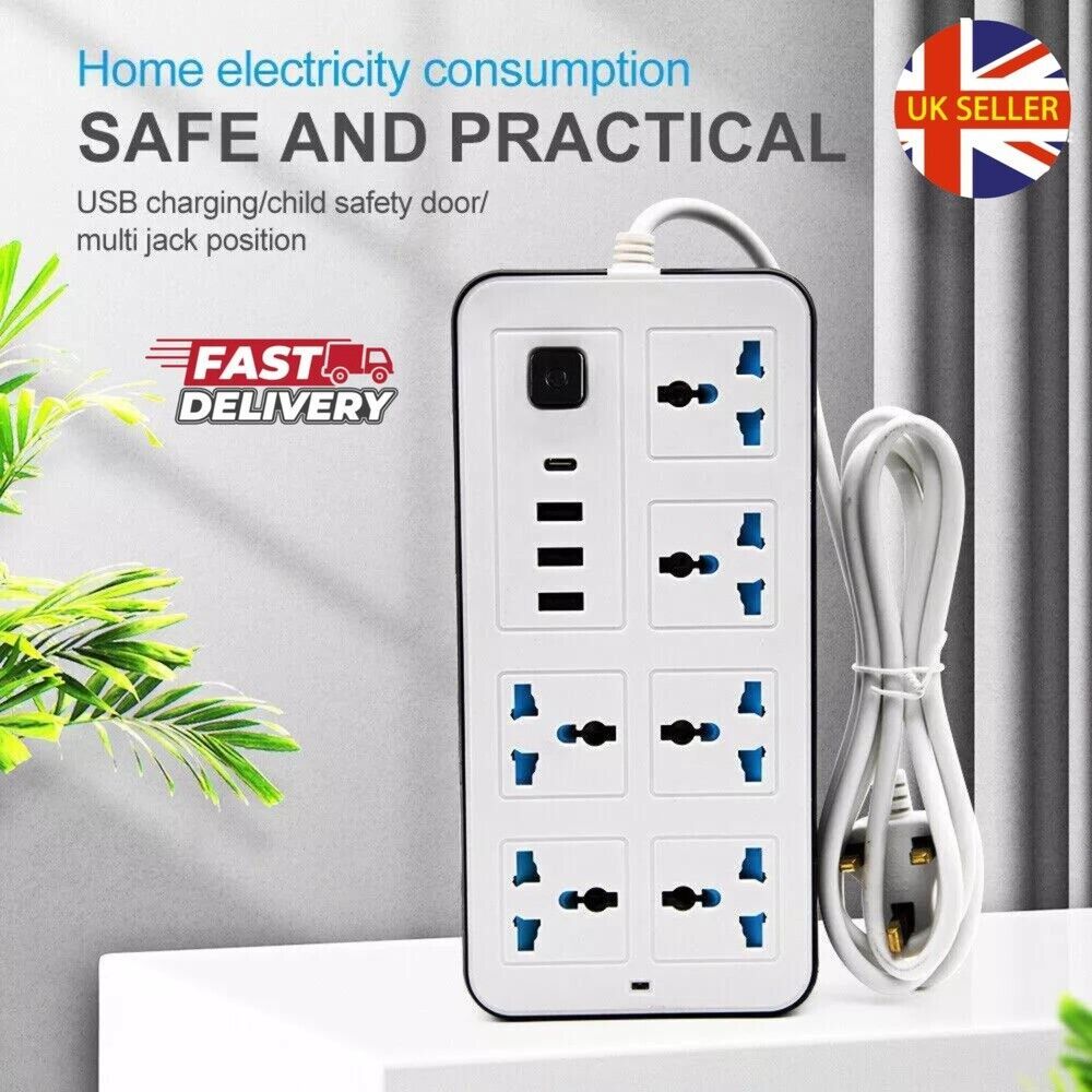 Extension Lead Cable Electric Mains Power 6 Gang Way 4 USB  Plug Socket