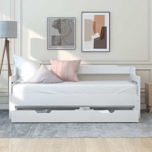 Daybed, Trundle And Drawer, Cabin Bed, SIngle Guest Bed Sofa Bed, Pull Out Trundle And Storage Drawer For Living Room And Bedroom -  3 90 X190 Cm - White