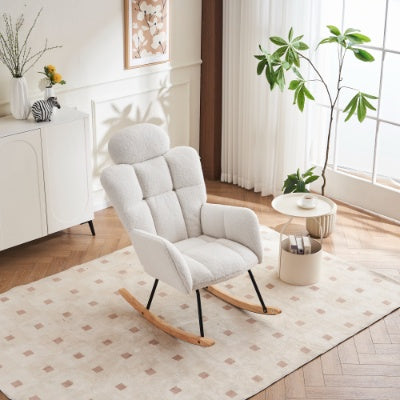 Soft Teddy Fabric Tufted Upholstered Rocking Chair Padded Seat With Headrest For Living Room Bedroom,Ivory White
