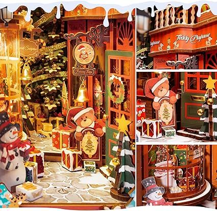 ROBOTIME DIY Miniature Dollhouse Wood Kit Book Nook Shelf Insert Kit, Christmas Street With LED Lights