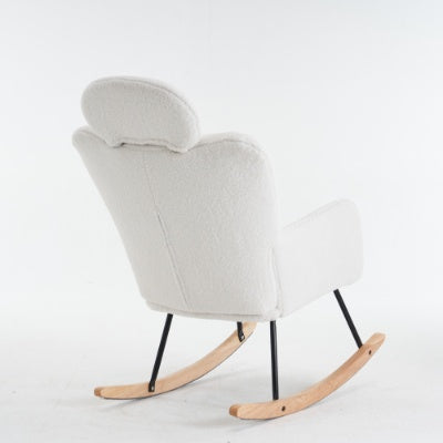 Soft Teddy Fabric Tufted Upholstered Rocking Chair Padded Seat With Headrest For Living Room Bedroom,Ivory White
