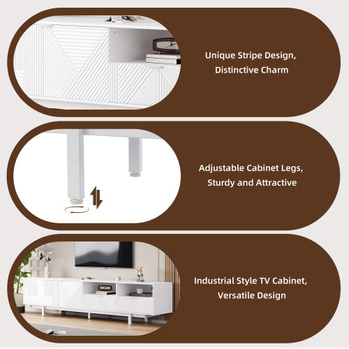 Modern Bohemian TV Cabinet, White Geometric Lines TV Stand, TV Entertainment Center With Storage Space, 200X40X51 Cm, Modern TV Stand For 90 Inch TVs, Console Media Cabinet For Living Room