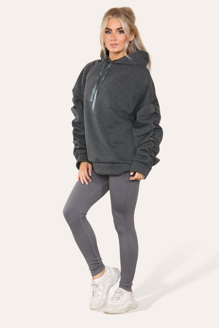 Oversized Ruched Sleeves Hoodie With Satin Ribbon With High Waist High Rise Seamless Ribbed Legging Set