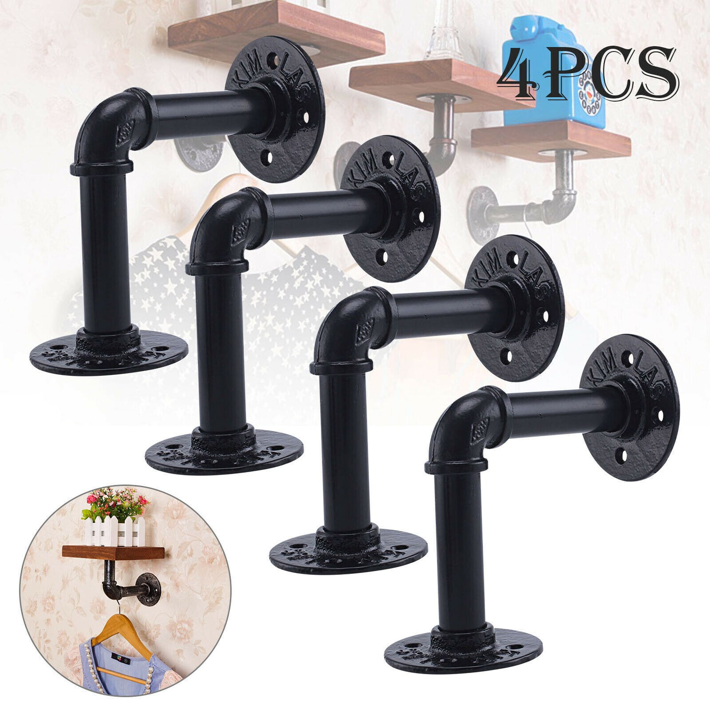 4X Pipe Shelf Brackets Industrial Iron Rustic Wall Floating Shelves Storage Unit