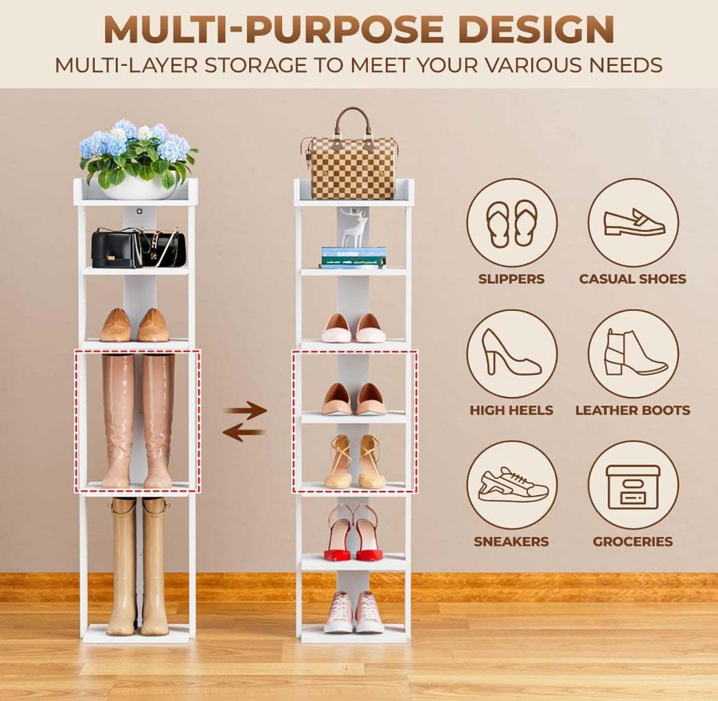 Tienily 7-Tier Narrow Shoe Rack, Wooden Shoe Shelf, Tall Slim Vertical Shoe Display Stand Holder For Entryway, Hallway, Home, Bedroom