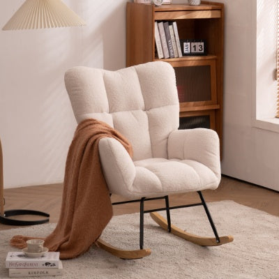 Mid Century Modern Teddy Fabric Tufted Upholstered Rocking Chair Padded Seat For Living Room Bedroom,Ivory White